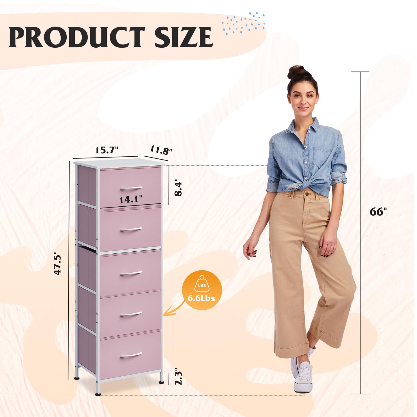 WLIVE Fabric Dresser for Bedroom, 5-Drawer Tall Dressers, Storage Organizer with Fabric Bins, Wood Top, Sturdy Steel Frame, Chest of Drawers for Closet, Hallway, Cloudy Pink