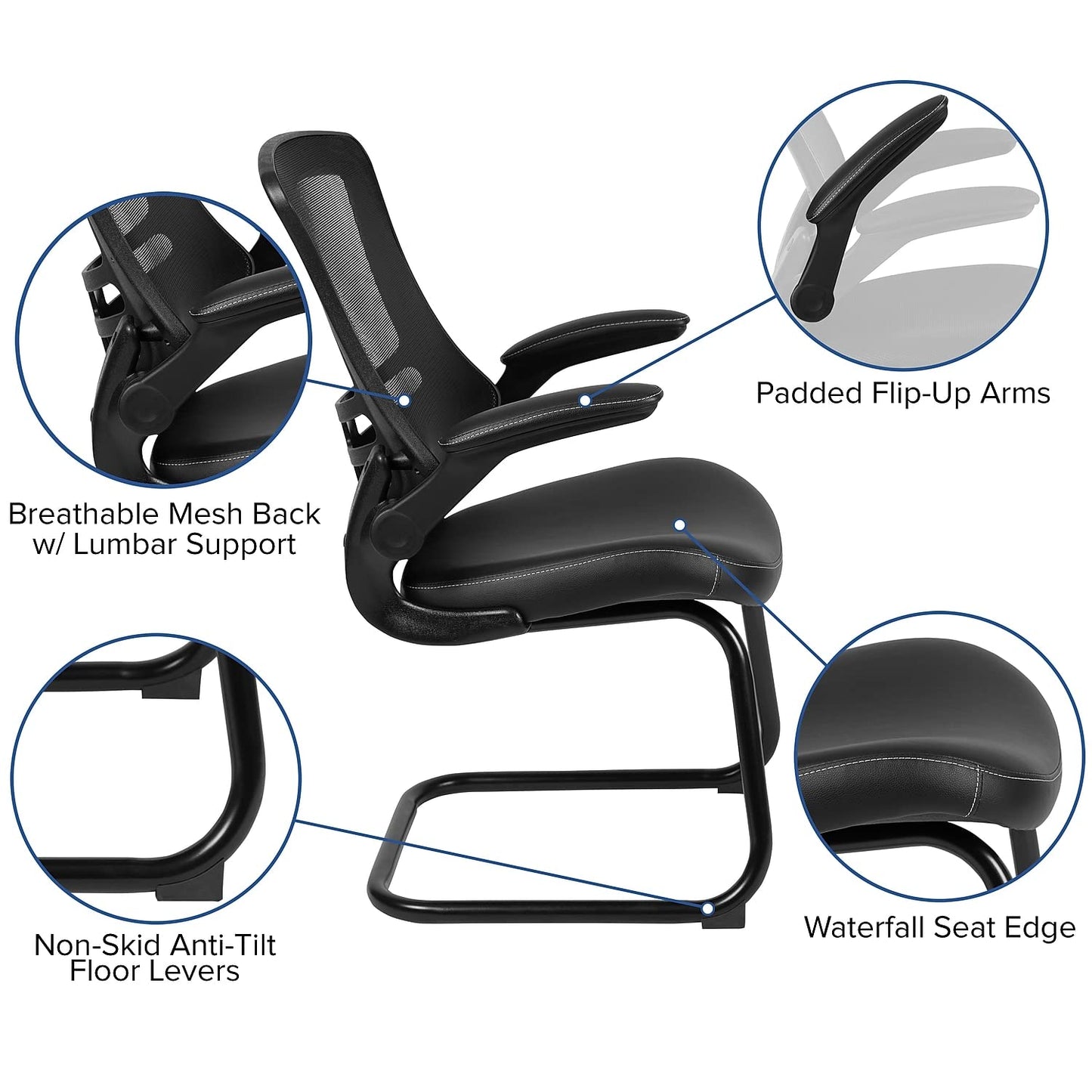 Flash Furniture Kelista Black Mesh Sled Base Side Reception Chair with White Stitched LeatherSoft Seat and Flip-Up Arms