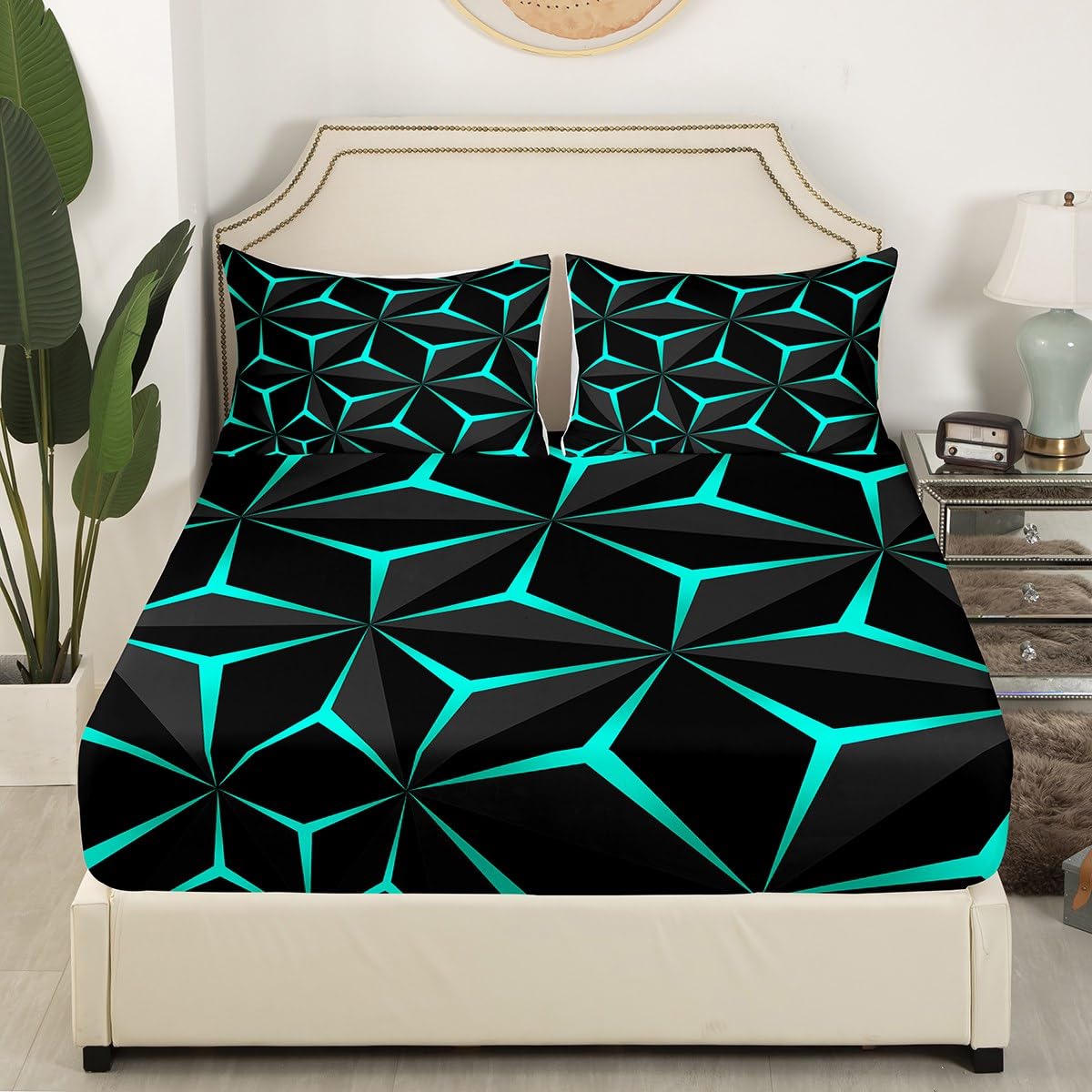 Feelyou Neon Honeycomb Sheet Set Twin Size,Geometric Stereoscopic Theme Teens Boys Bedding Set,Adults Bedroom Decoration 3D Teal Print Fitted Sheet All Season