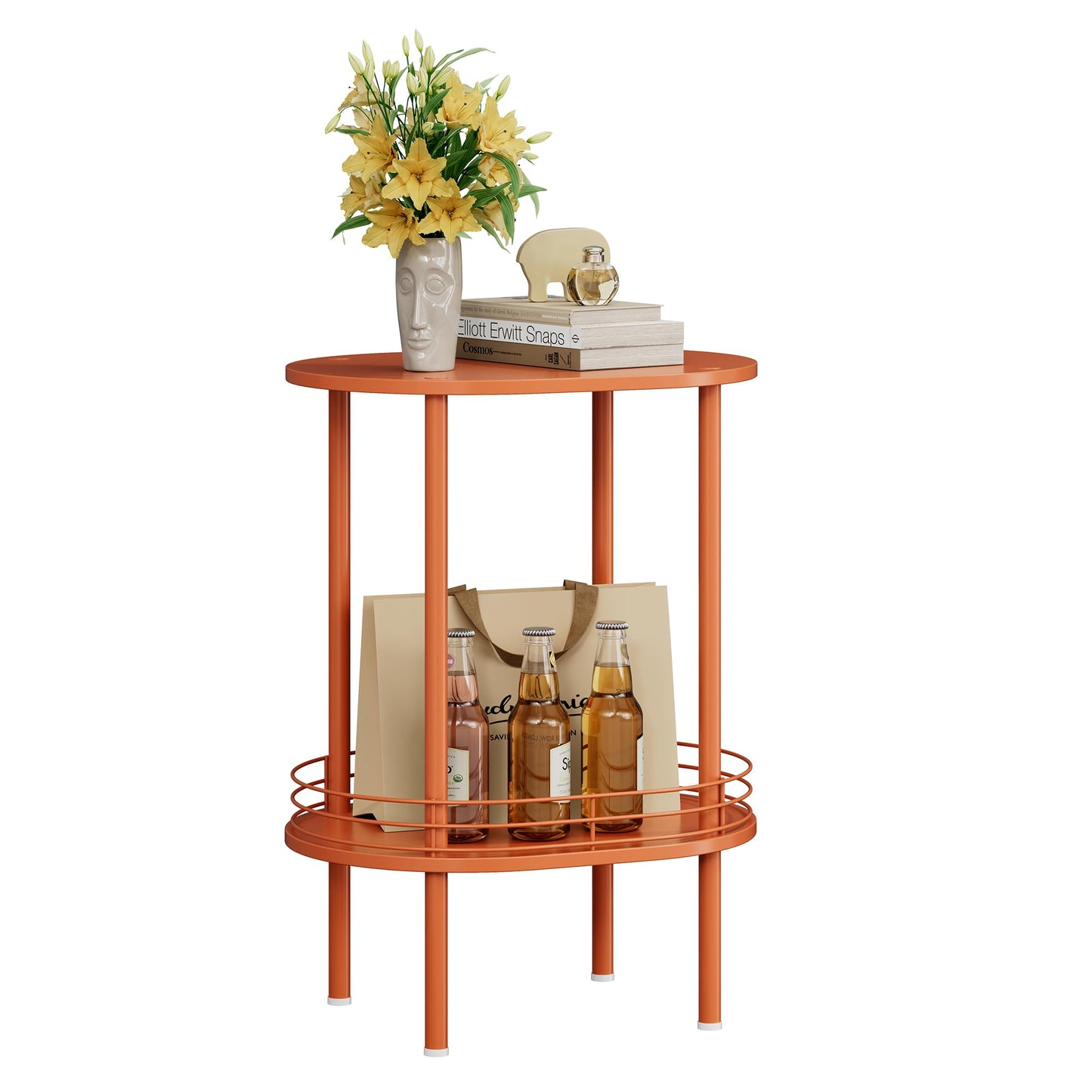 Small Modern Oval Side Table with Storage,2-Tier Side Tables Living Room,Sturdy Nightstand for Small Space - Living Room, Bedroom, Bathroom, Nursery,（1 PC,Orange）