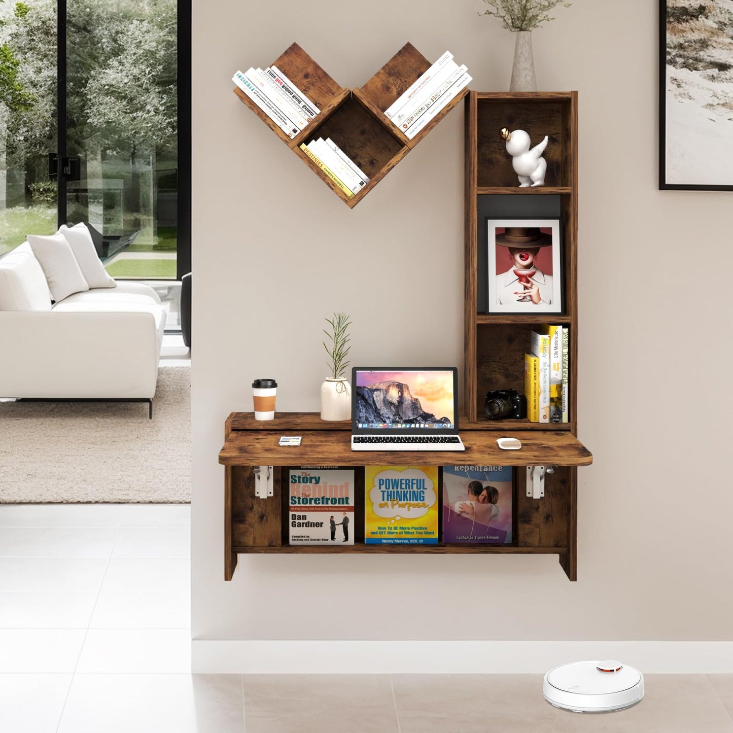 TuckTect Folding Wall Mounted Drop Leaf Table, Foldable Desk with Moveable Cabinets, Floating Laptop with Convertible Storage Shelves, Multifunctional Computer Workstation in Home for Space Saving