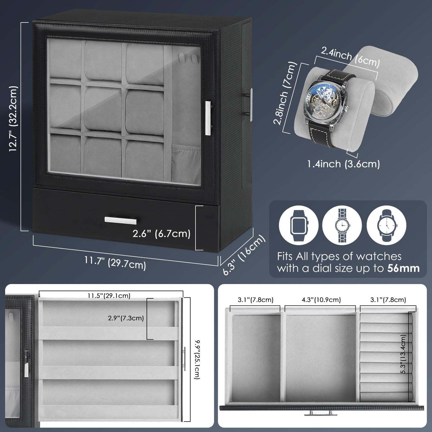 Kukikan 9-Slot Watch Display Case with Necklace Display, High End Men Jewelry Box w/Drawer, Standing Watch Box for Men w/Clear Lid, Watch Case for Sunglasses, Vertical Storage, Fathers Day Gift