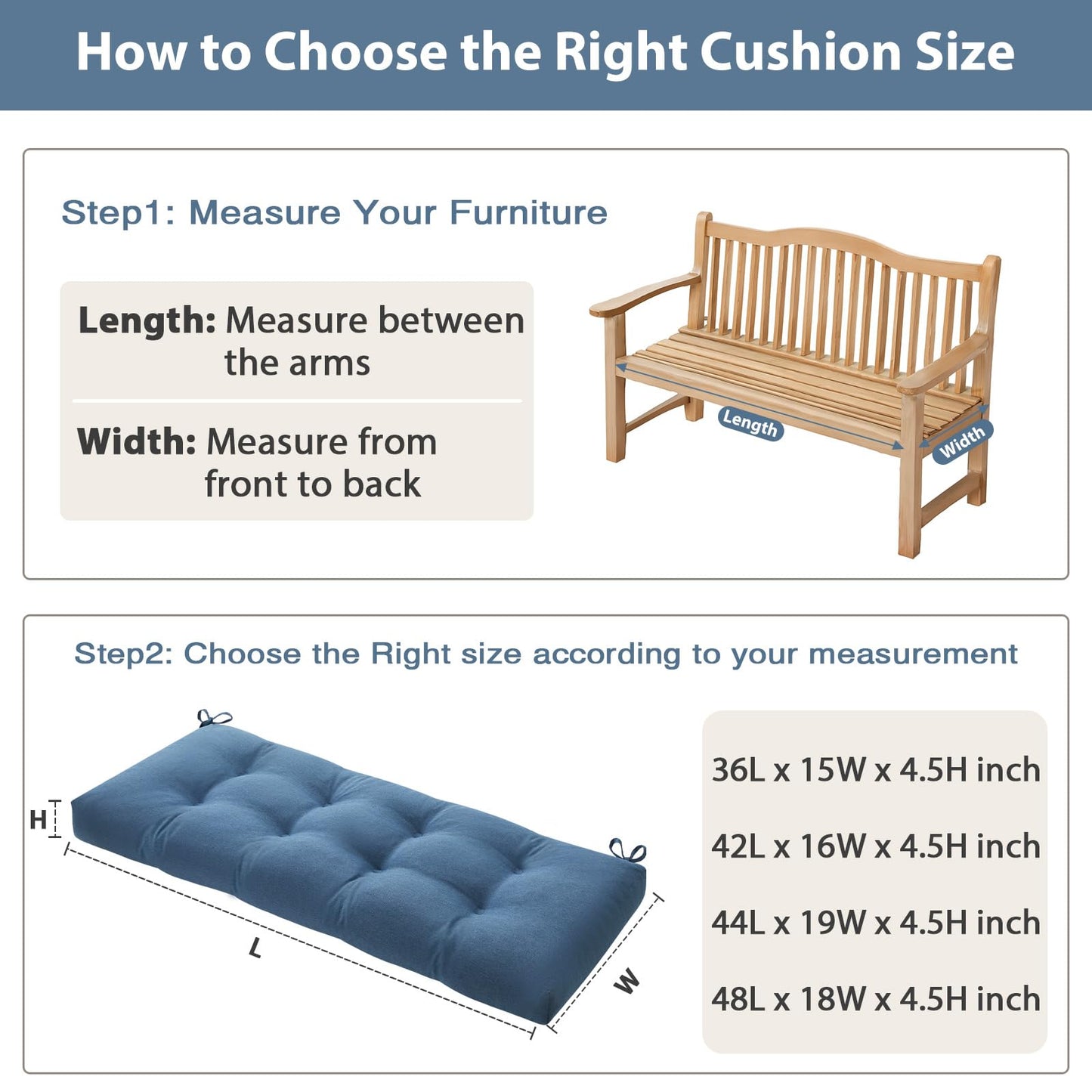 WEOAVRY 42 Inch Bench Cushions for Indoor Furniture, Super Soft Rectangle Bench seat Cushion Pad with Non-Slip Bottom, Waterproof Bench Pad for Window Porch(Blue, 42x16x4.5 Inch)
