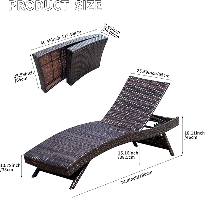 Set of Foldable Long Reclining Patio Seating Chairs, 2 Folding Chairs Patio