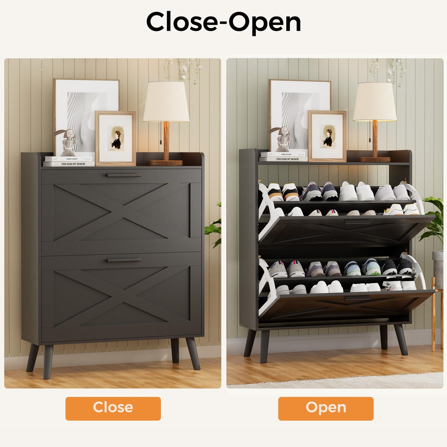 Homleke 32" W Farmhouse Shoe Storage Cabinet with 2 Flip Drawers and Barn Door Design, Adjustable Shelves, Modern Hidden Slim Narrow Shoe Rack Cabinet for Entryway, Foyer, Hallway, Living Room, Black