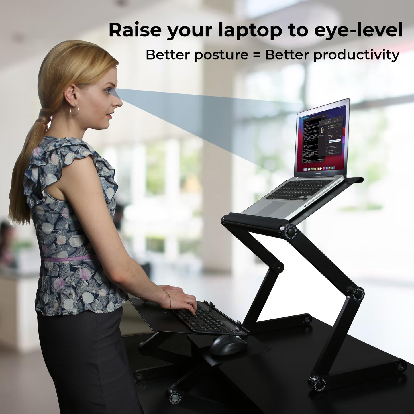 WorkEZ Adjustable Standing Desk Converter w/2 Fans & 3 USB Ports, Sit to Stand Desk Riser Monitor Standing Computer Desk, Height & Angle Negative Tilt