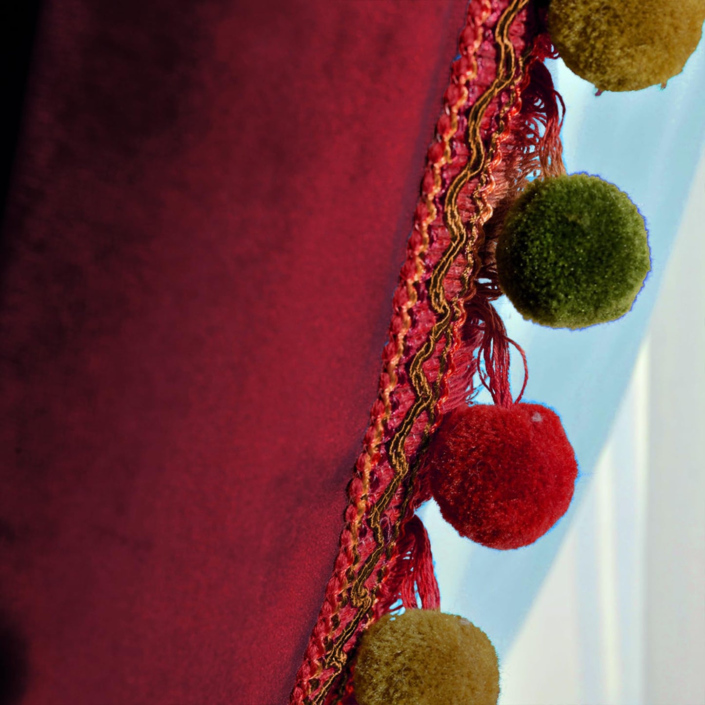 Melodieux Pom Poms Velvet Blackout Curtains for Bedroom Living Room, Vintage Luxury Thermal Insulated Rod Pocket Lined Drapes, 52" W x 84" L, Burgundy (2 Panels)