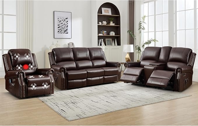EBELLO Faux Leather Power Recliner Sofa Furniture Set, Included Electric