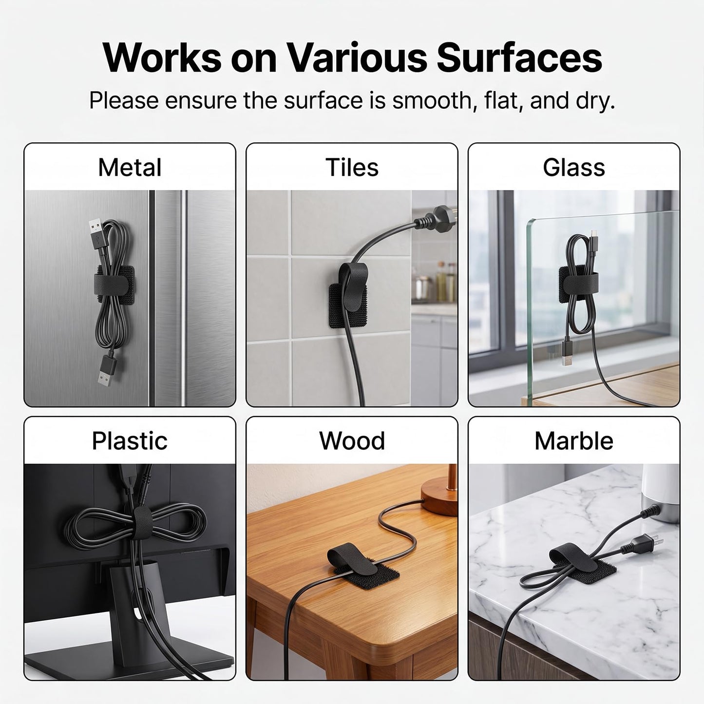 100PCS Cable Management Under Desk, Hook and Loop Cable Straps Self Adhesive Cable Organizer, Reusable Cable Ties for Cords Home Office TV Computer Car Wire Organizer, Black