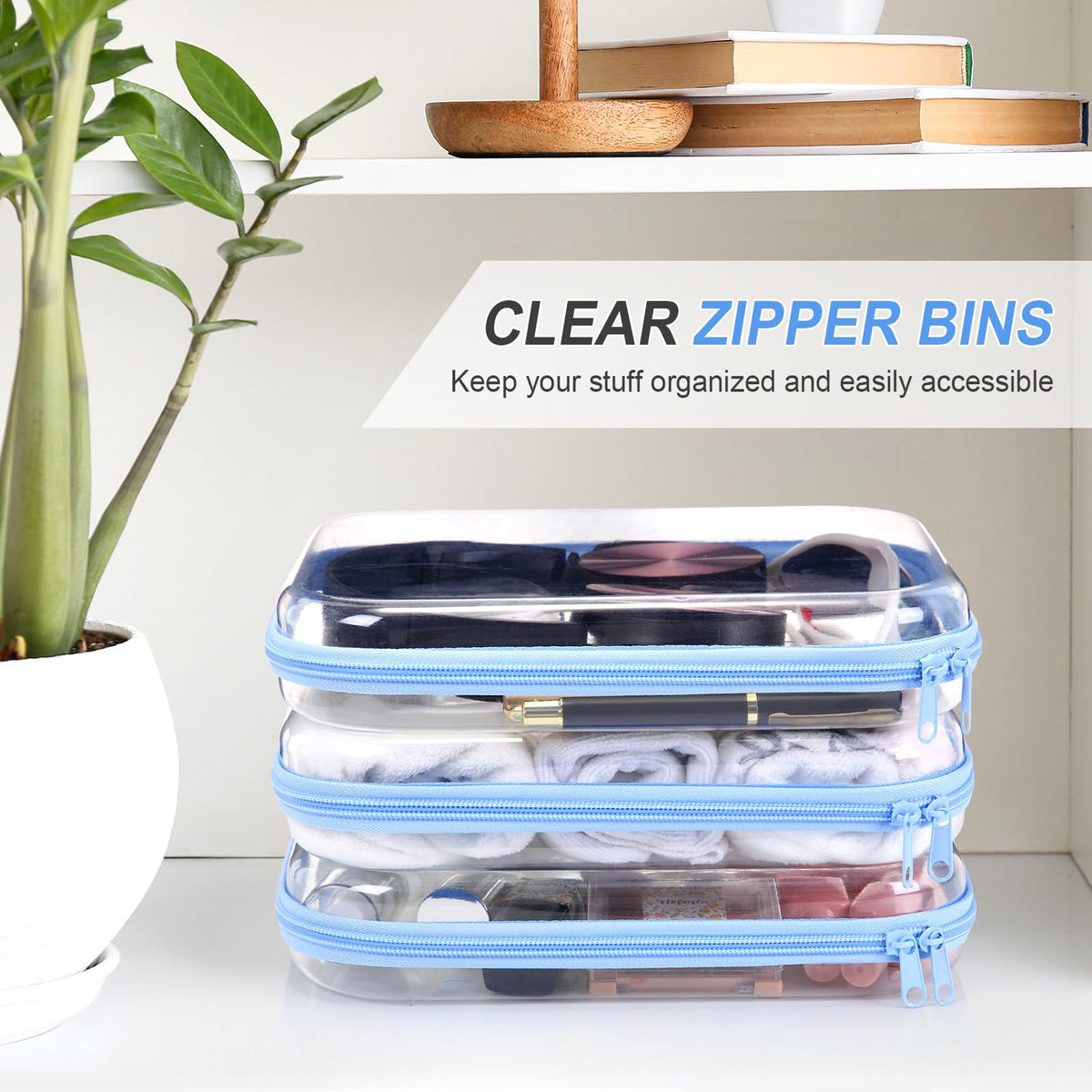Hoolerry 3 Pcs Clear Hard Zipper Case Hard Plastic Zipper Pouch Makeup Bag Portable Travel Organizer for Cosmetics, Office Supplies, Documents & Toiletries(Blue,M)