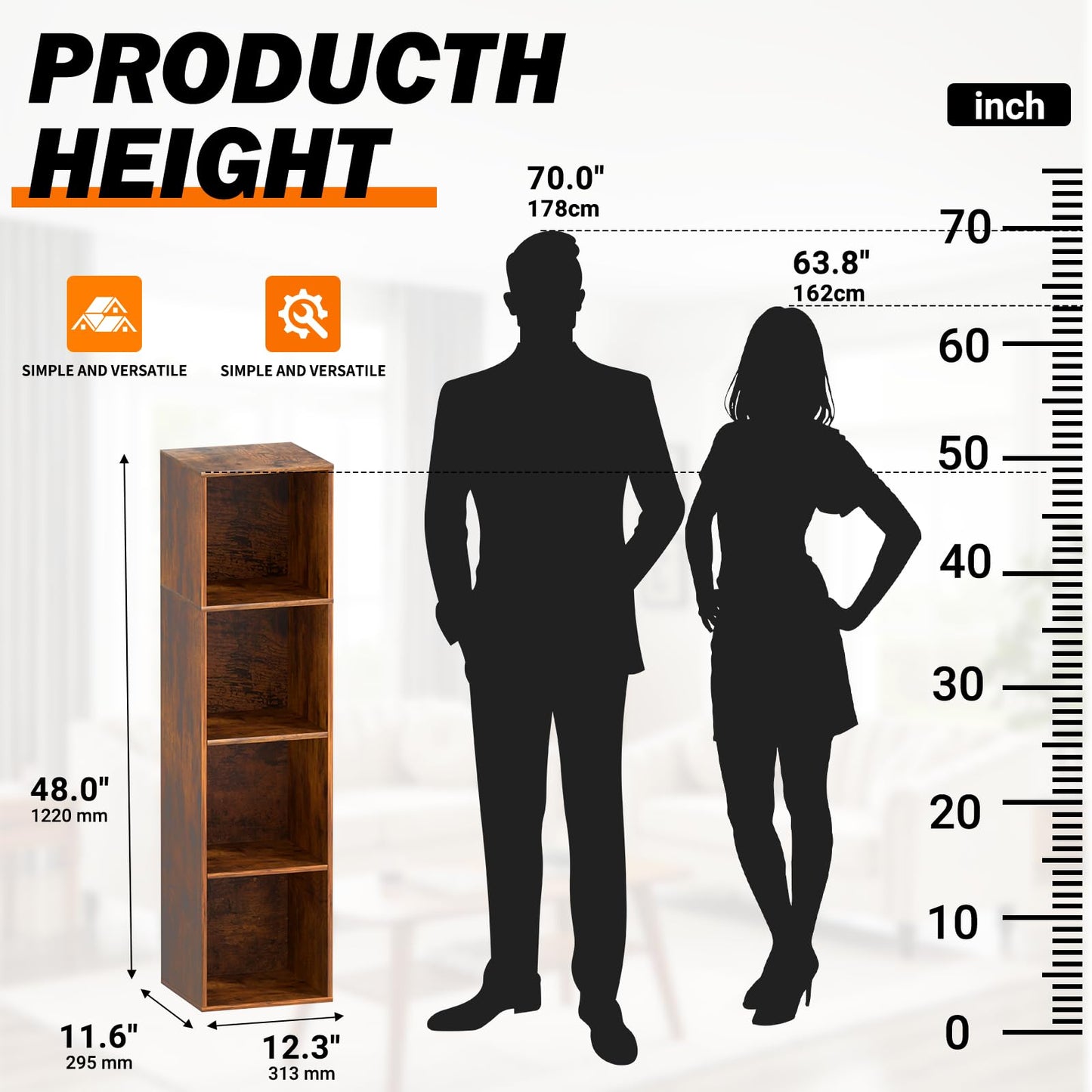 NewBeth Cube Storage Organizer, 4 Cube Retro Bookshelf, Freestanding 4 Tier Open Shelf, Rustic Brown Retro Shelves for Home Office, Bedroom, Living Room, Study
