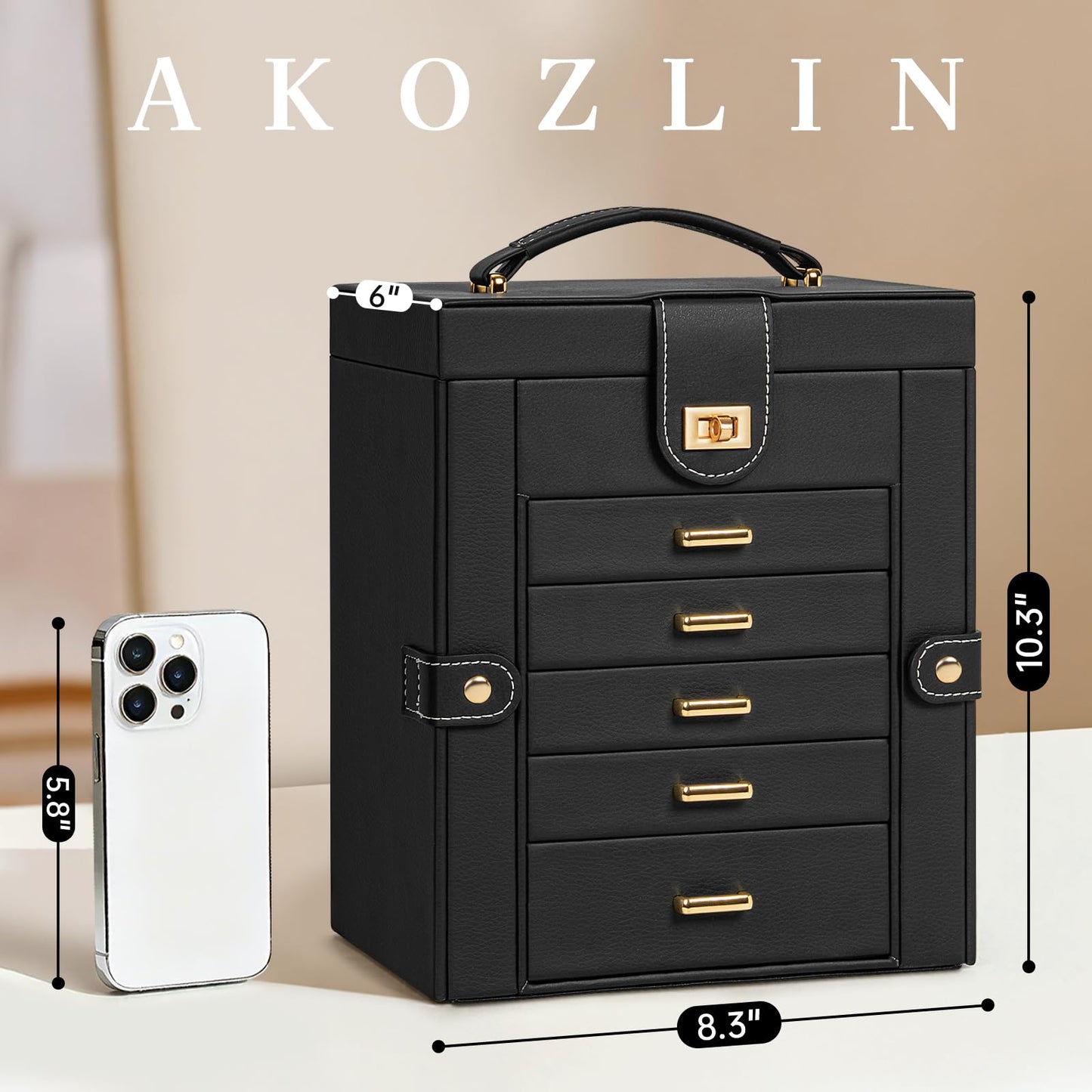 AKOZLIN 6-Tier Jewelry Box Organizer Functional 5 Drawers Leather Jewelry Storage Case for Women Girls Ring Necklace Earring Bracelet Holder Organizer with Mirror Black Regular