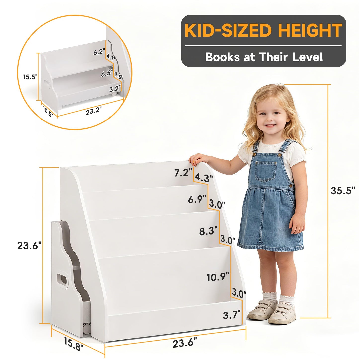2-in-1 Montessori Kids Bookshelf - Toddler Nursery 4 Tier Wooden Kids Book Shelf, Display Book Shelf for Kids Rooms, Children Bookcasewith Toy Rolling Cart, for Toddler Nursery, Playroom & Classroom