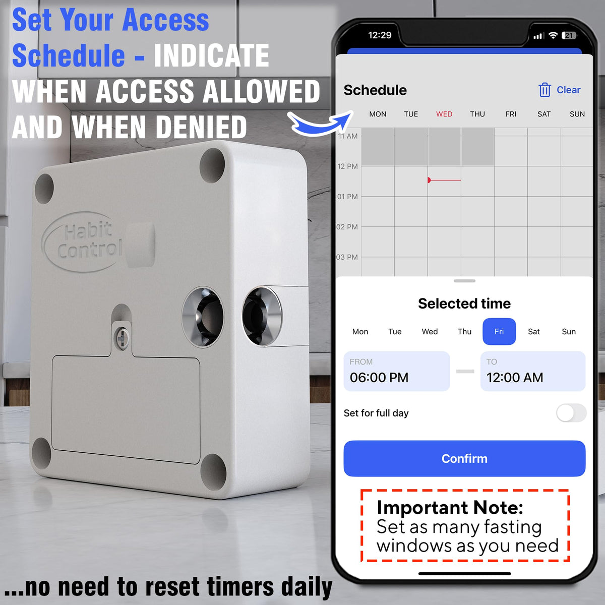 Habit Control Smart Lock - App-Controlled Access for Snacks, Food & Alcohol - 3-in-1 Modes: Timer, Schedule & Simple Lock - for Refrigerators, Cabinets, Drawers, Cupboards - Support Better Habits
