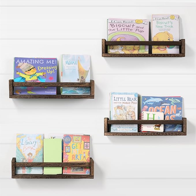 Nursery Room Shelves Set of 4, Wood Floating Book Shelves