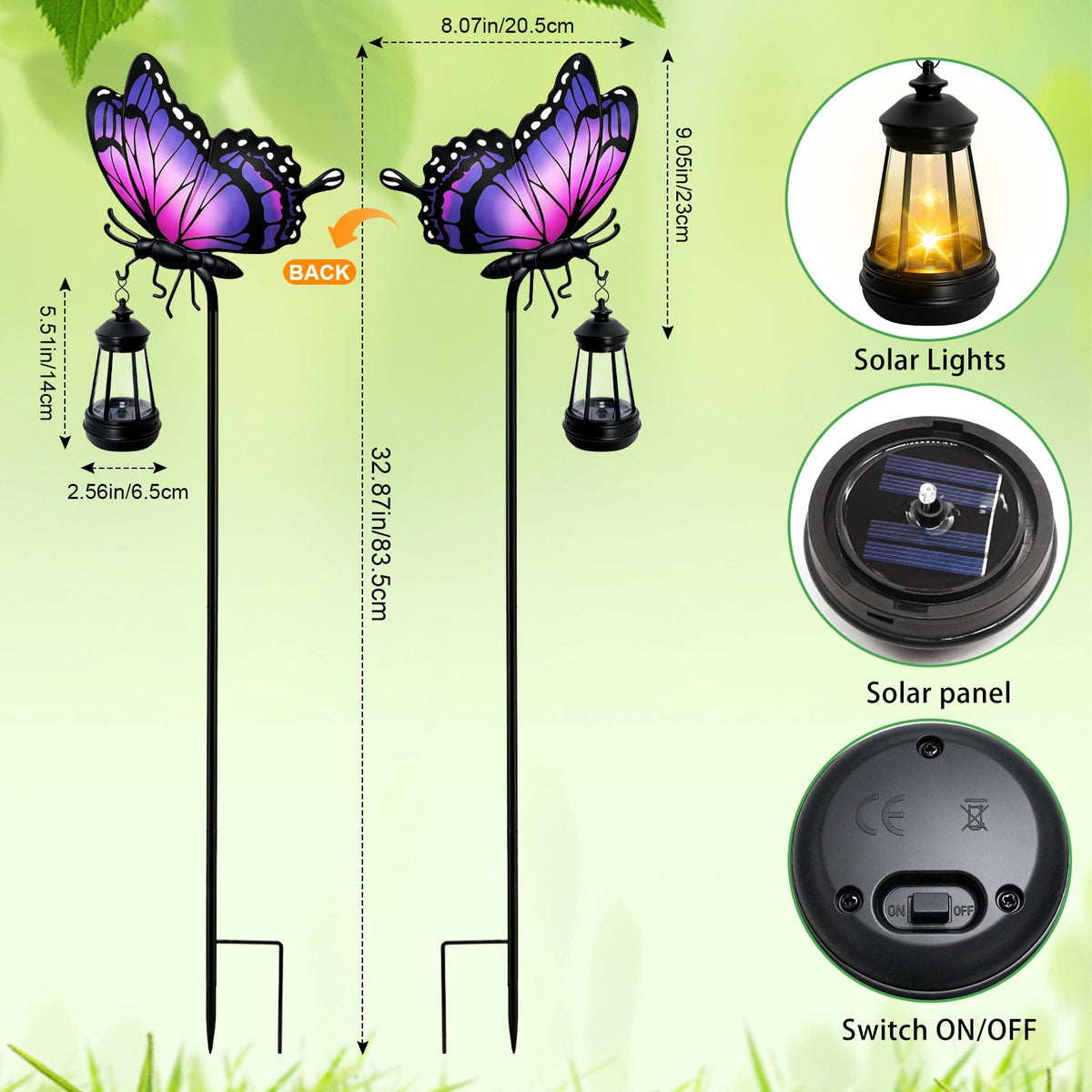 Solar Lights Outdoor Butterfly Garden Decor, 32.9in Purple Butterfly Garden Stakes with Solar Lights, Waterproof Metal Decorative for Yard Art Outside Patio Porch Lawn, Birthday Gifts for Women Mom