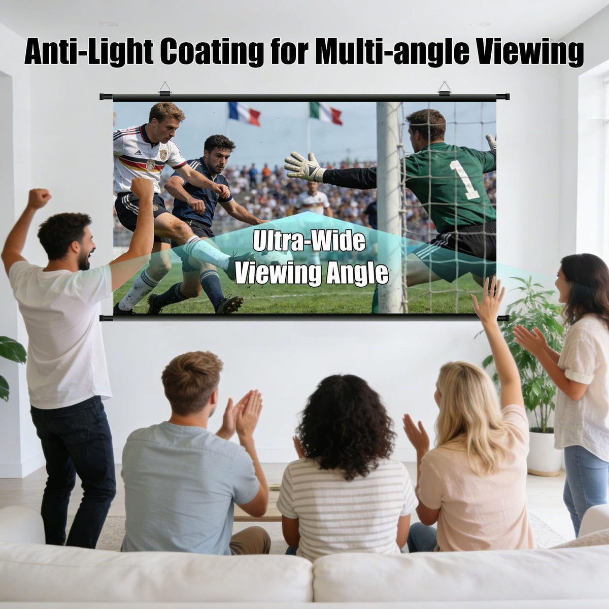 110 inch Projector Screen, XIAOHUI Portable Movie Projector Screen for Outdoor Indoor with 3 pcs Adhesive Hook, 4K Hanging Projection Screen for World Cup Room Wall, Anti-Glare, 16:9 HD