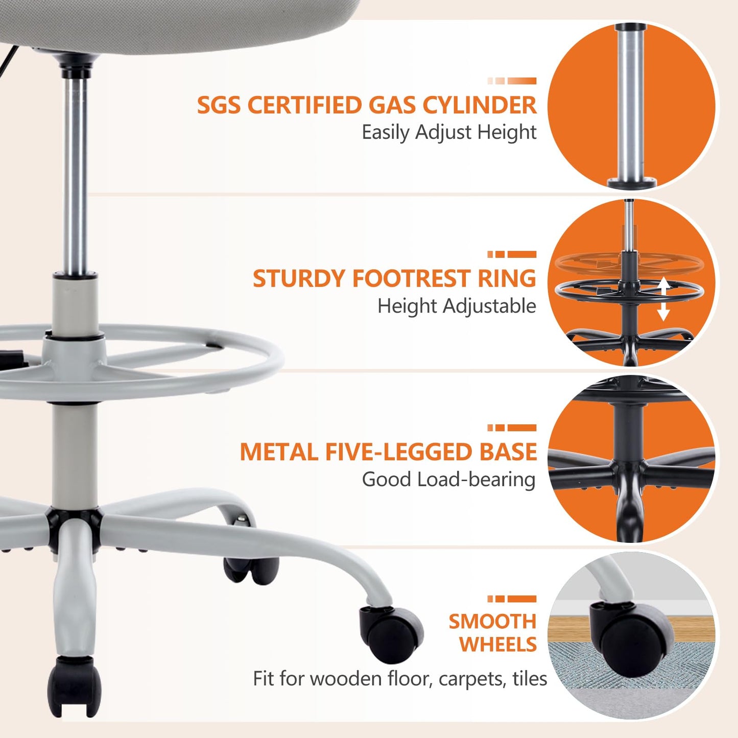 Sweetcrispy Tall Drafting Office Desk Chair - Ergonomic High Stool Computer Chair with Adjustable Height and Comfy Lumbar Support, Rolling Counter Height Chair with Flip-up Arm and Footrest, Grey