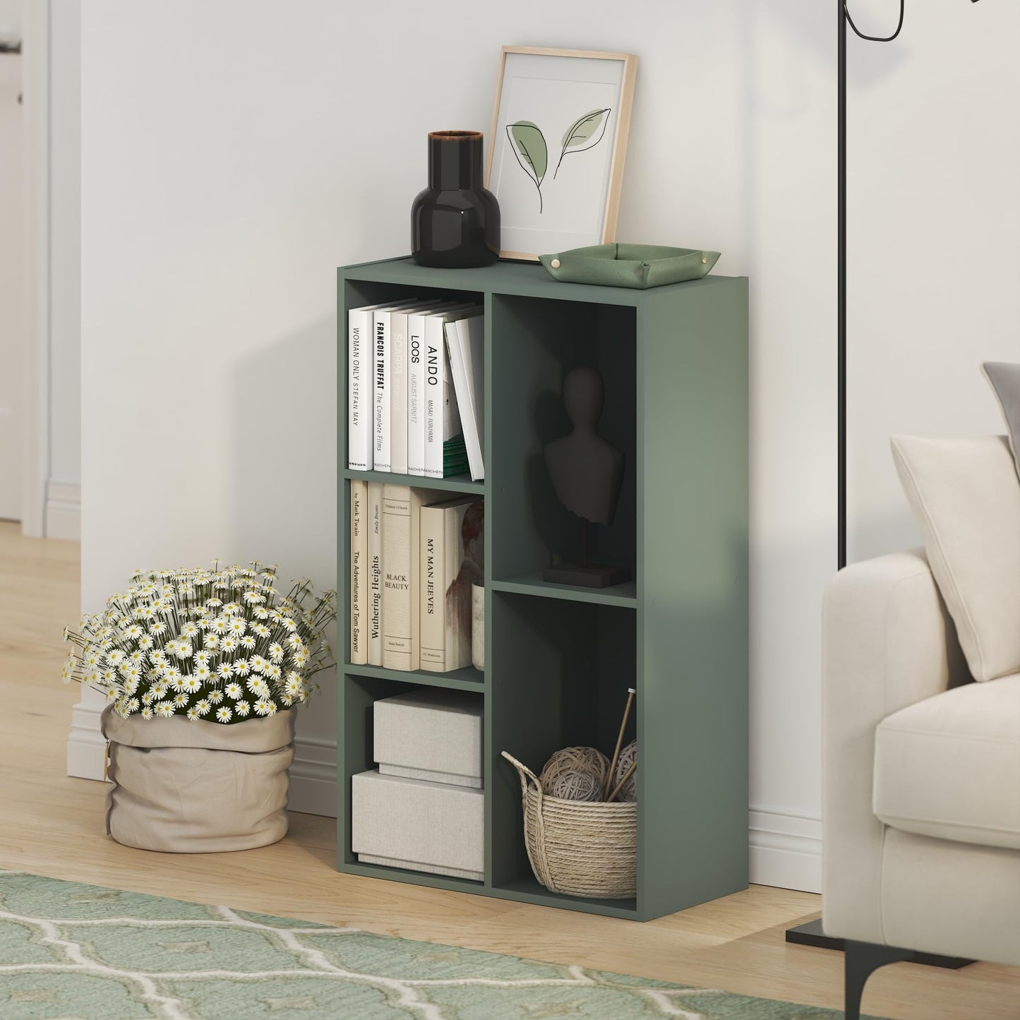 Furinno LUDER Book Shelf, 5-Cube Bookshelf, Reversible Bookcase, 9.4 x 19.5 x 31.5, Easy Assembly, for Living Room, Bedroom, Home Office, Sage Green