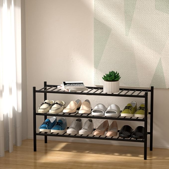 ROMGUAR CRAFT 3-Tier Bamboo Long Shoe Rack, Free Standing Wood Shoe Shelf