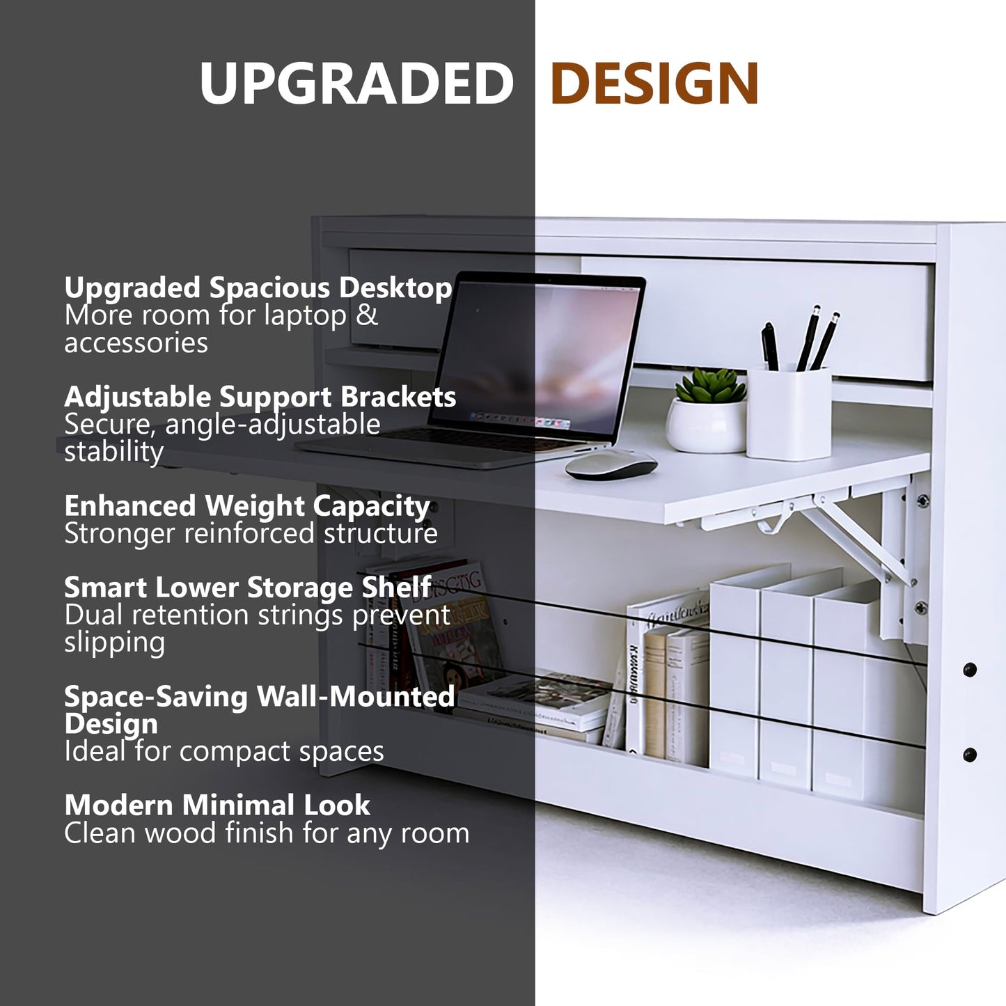 GOOTRY Wall Mounted Desk 31 inches, Folding Table with Shelves, Space Saving Computer Table, Floating Table for Wall, Multi-Purpose Folding Desk Perfect for Workstations, Dining, or Laundry Area.