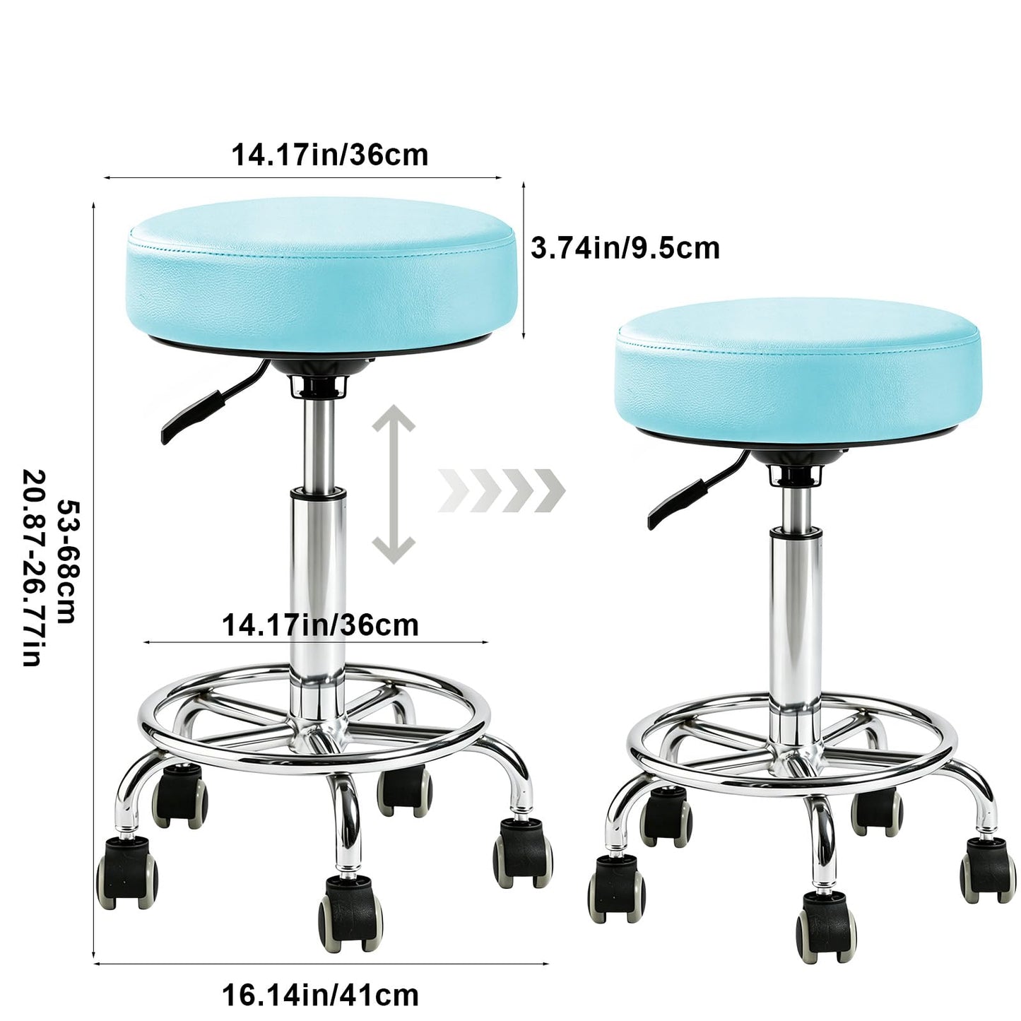 Rolling Stool with Wheels, Comfort Cushion Professional Swivel Drafting Stool, Height Adjustable Heavy Duty 500 lb Stool with Silent Casters and Foot Ring for Salon Tattoo Clinic Home Office,Blue