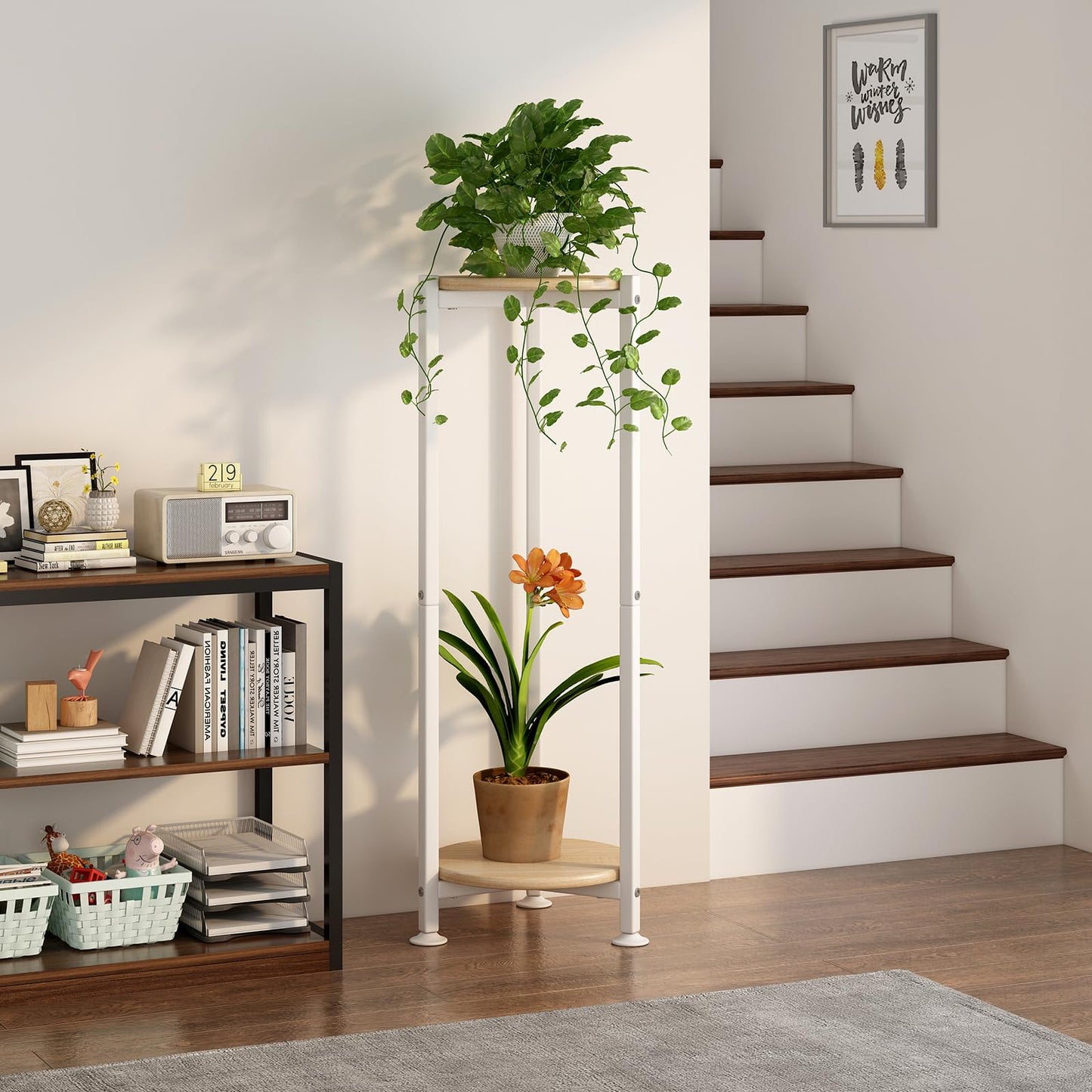 YIZAIJIA Plant Stand Indoor Corner Tall 2 Tier Metal Modern Flower Storage Plant Shelf Holder for Living Room Balcony Garden,White (2 Tier-White Round)