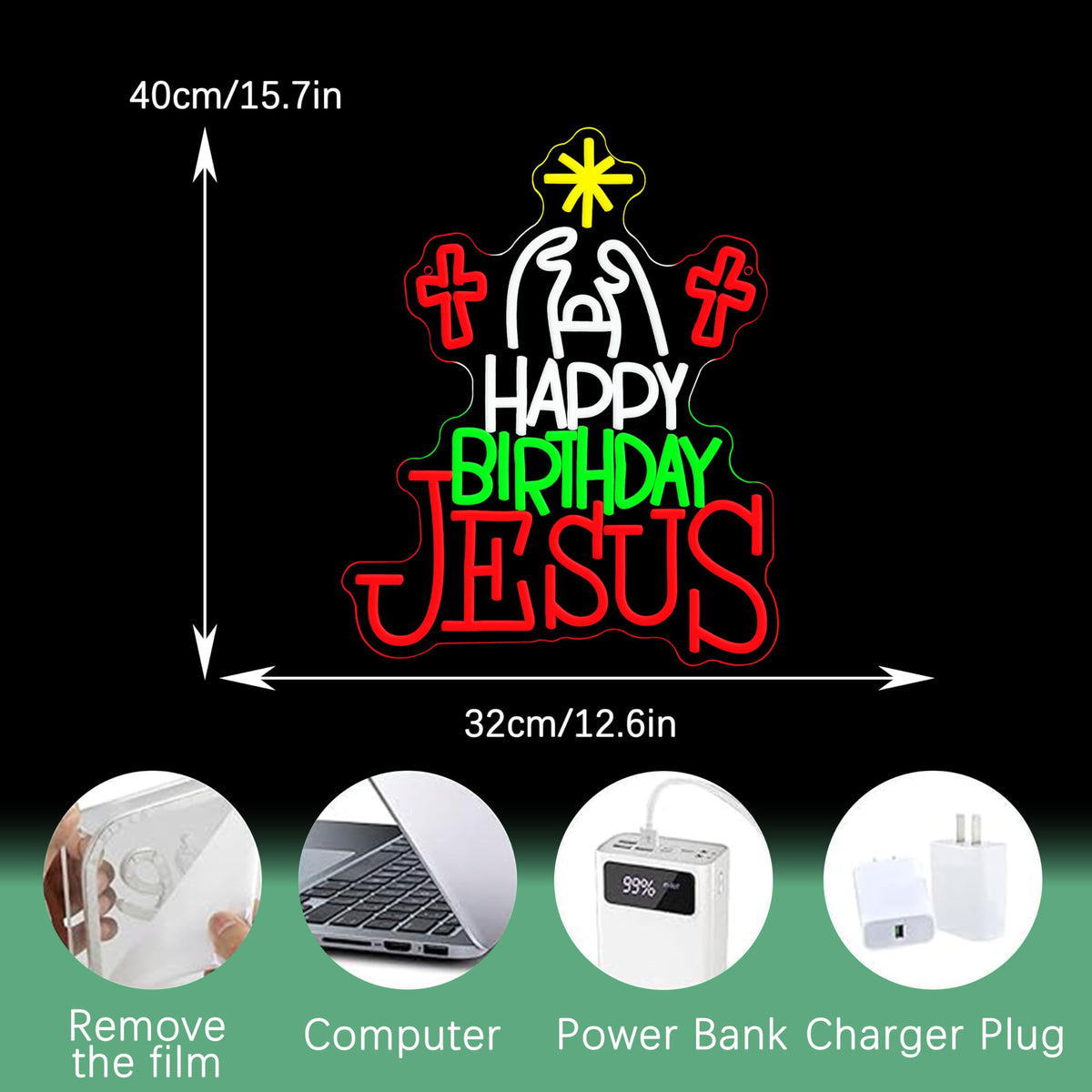 JLEWUINH Happy Birthday Jesus Neon Sign for Christmas Decor Cross Neon Light Sign Dimmable USB Led Christian Religious Neon Wall Decor for Church Home Nativity Scene Faith-Based Holiday Gift