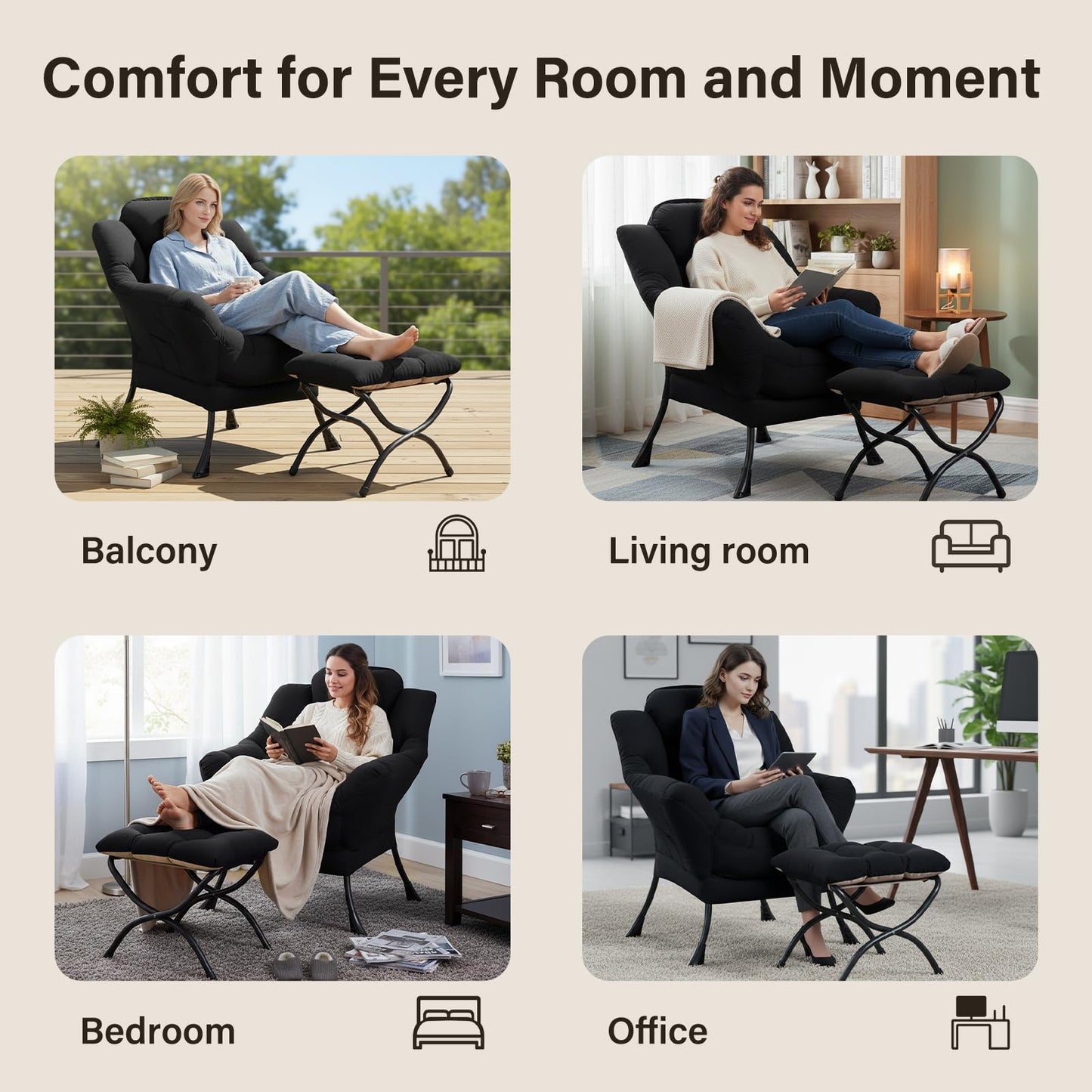 SESHINELL Lazy Chair with Ottoman, Modern Accent Chair Contemporary Lounge Leisure Sofa Chair with Armrests, Reading Chair and Folding Footstool Set for Living Room, Bedroom, Office, Black