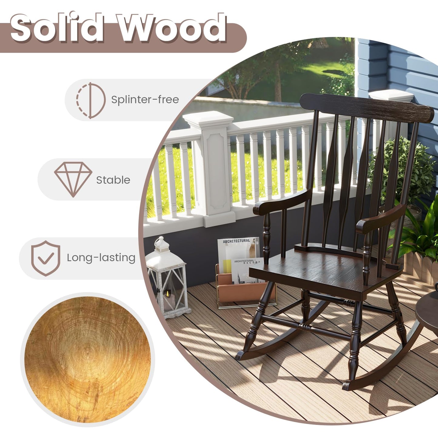 Giantex Outdoor Wood Rocking Chair - Patio Rocking Chair with Solid Rubber Wood Frame, Slat Back, Outside & Indoor Rocker for Garden, Poolside, Balcony, Backyard, Lawn, Front Porch Rocker, Dark Coffee