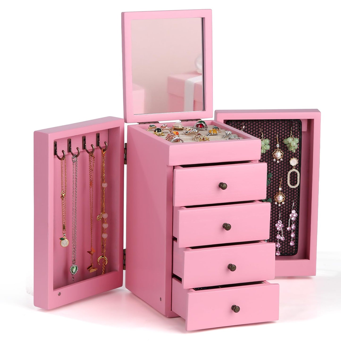 Meangood Jewelry Box Wood for Wowen, 5-Layer Large Organizer Box with Mirror & 4 Drawers for Rings, Earrings, Necklaces, Pink