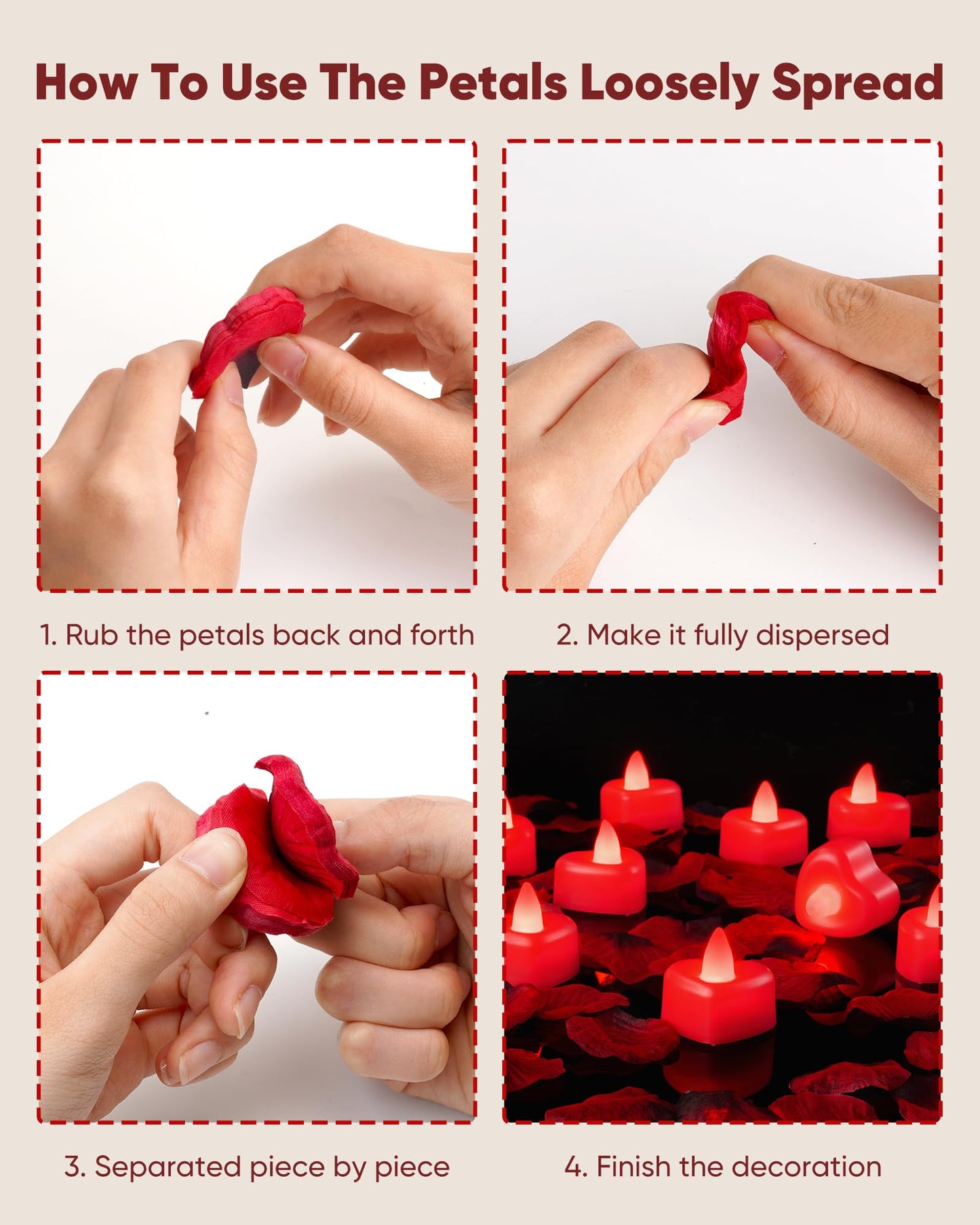 Amagic 2000 Pieces Red Artificial Rose Petals with 24 Red Heart LED Tea Lights, Rose Petals and Candles Set for Proposal, Anniversary, Romantic Night, Wedding Decor