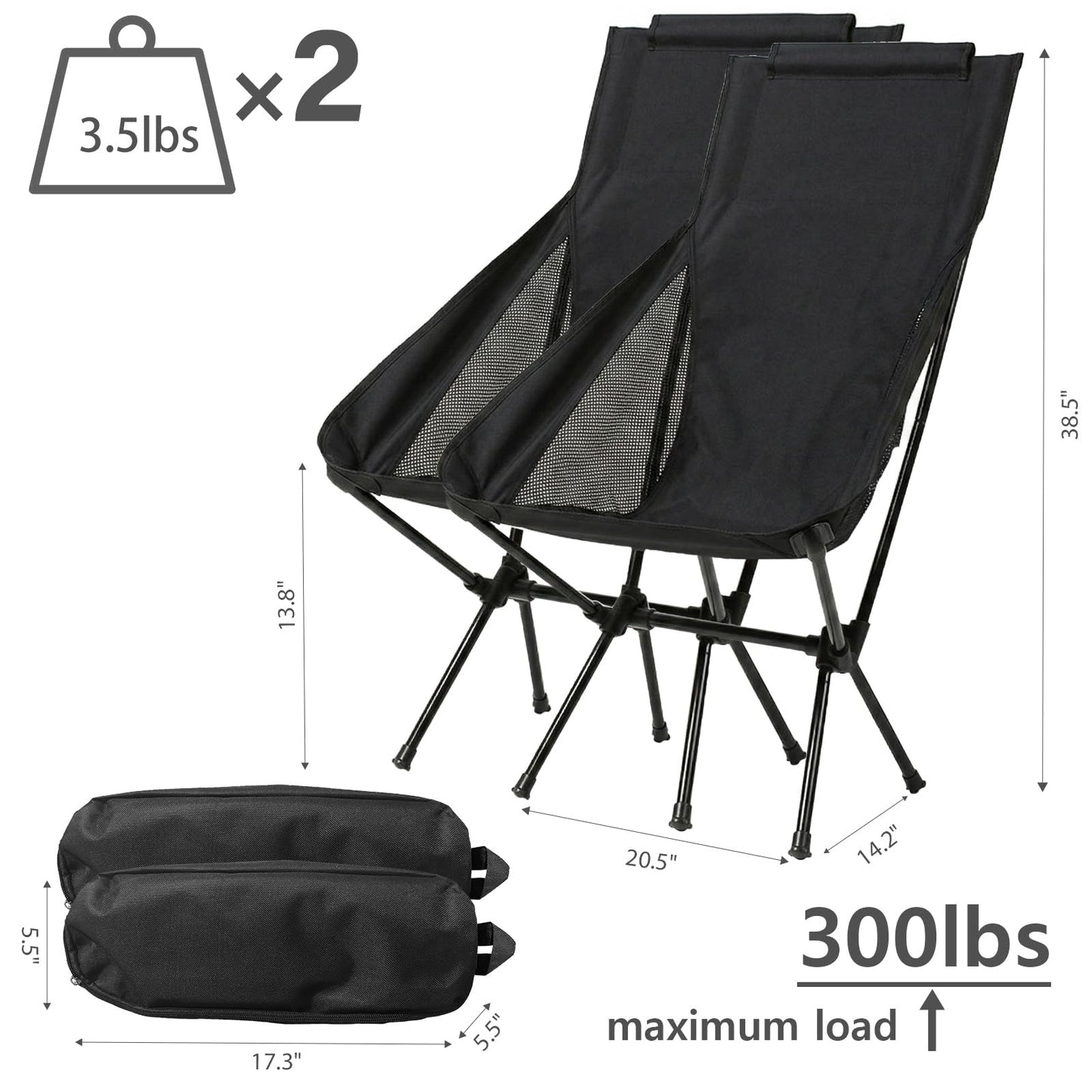 Wind Tour Portable Camping Chair Lightweight Foldable Outdoor Chair for Hiking Camp Backpacking Lawn Beach Fishing Picnic with Carry Bag (High-Back | Black-2)