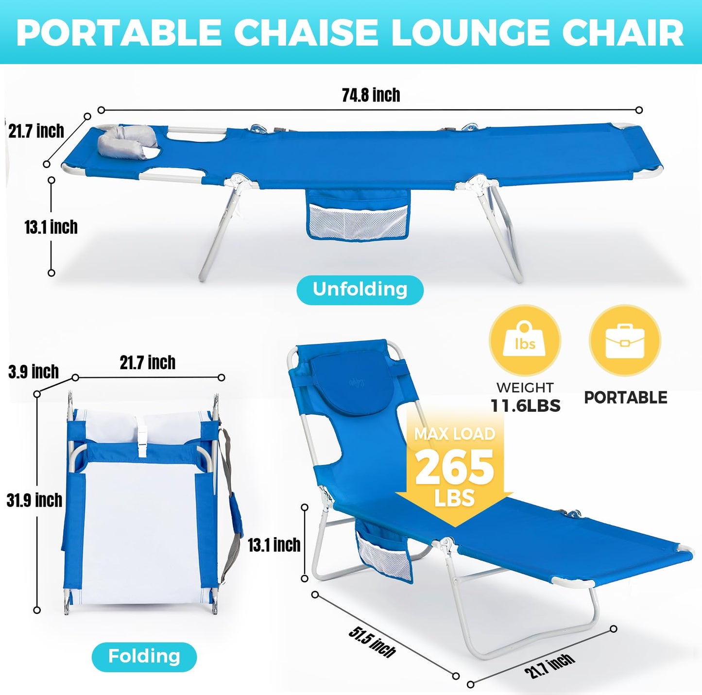 #WEJOY Folding Tanning Chair with Face Hole, 5-Position Face Down Beach Lounge Chair for Sunbathing, Lightweight Portable Outside Recliner with Side Pocket & Shoulder Straps for Pool, Patio, Blue