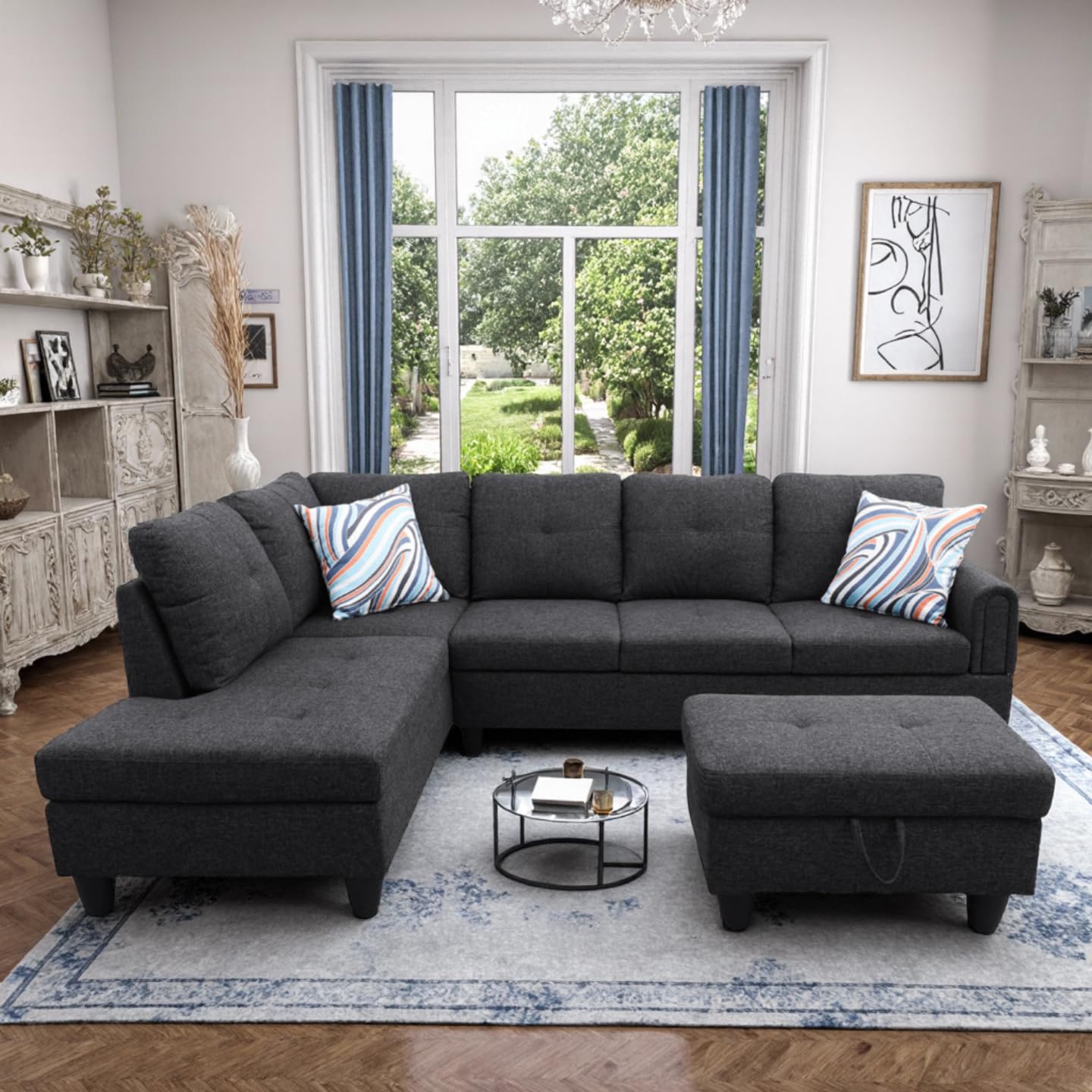 Trygoal 97" L Shaped Couch Sectional Couches with Chaise and Storage Ottoman, 3 Pieces Modular Convertible Sofa for Living Room Furniture Sets and Small Apartment, Black Grey