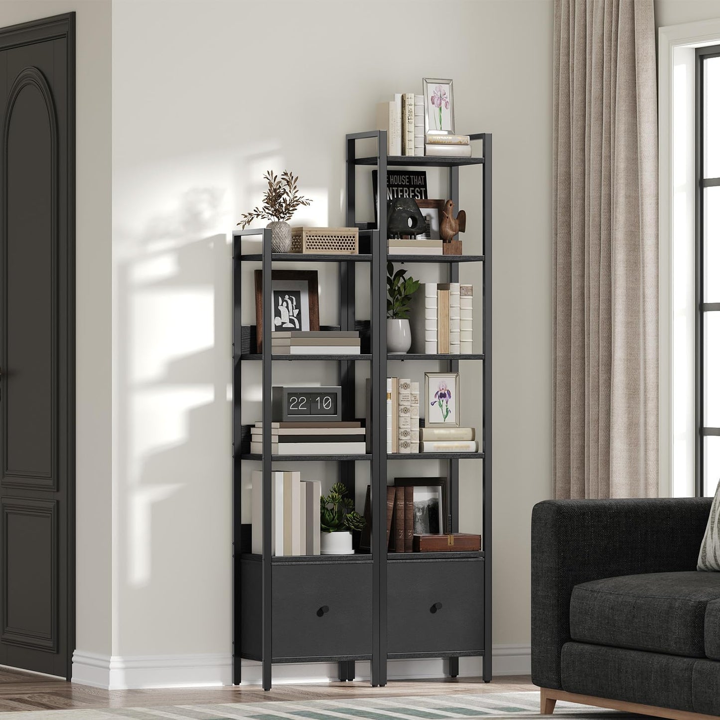 MAHANCRIS Bookshelf, 5-Tier Bookcase with Drawer, Small Book Shelf for Small Space, Storage Shelf Organizer, for Living Room, Bedroom, Study, Kitchen, Black BKHB55101