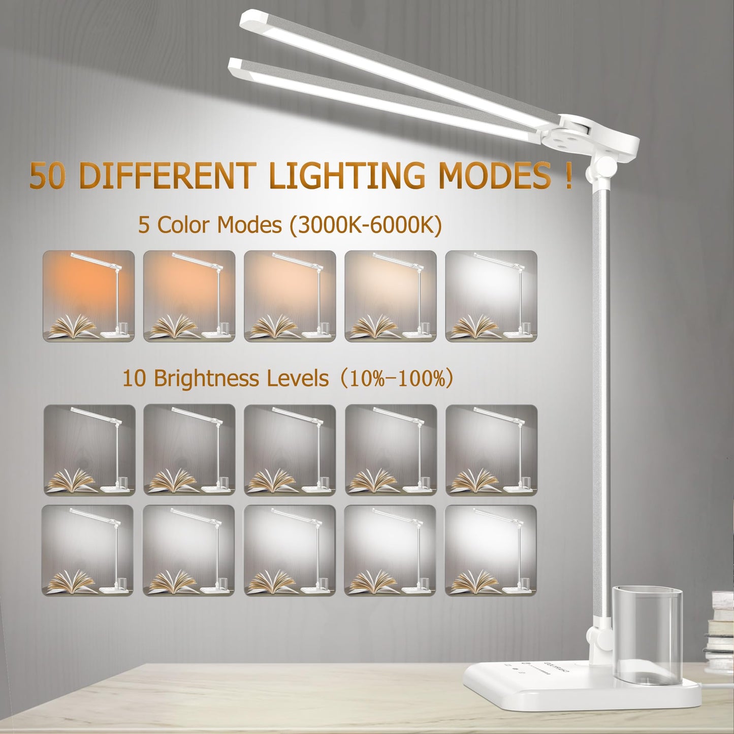 LED Desk Lamp Dimmable Table Lamp with USB Charging Port, 50 Lighting Modes, Adjustable Foldable Dual Swing Arm Architect Desk Lamp for Home Office, Eye-Caring Reading Lamp w/Pen Holder 45min Timer