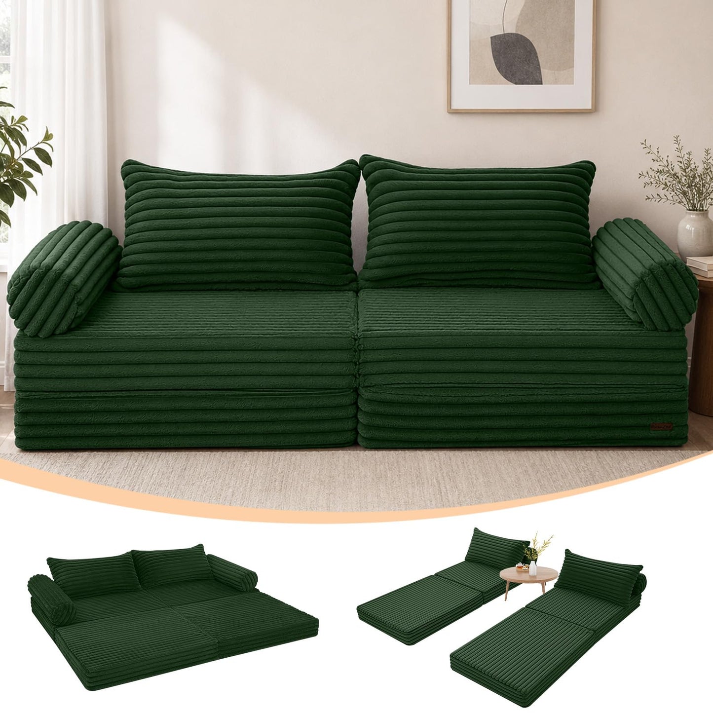 MeMoreCool Convertible Sofa Bed, Folding Floor Couch Bed Queen, Pull Out Sleeper Couch with Pillows, Fold Out Futon Sofa for Bedroom Living Room Small Space, Corduroy Green