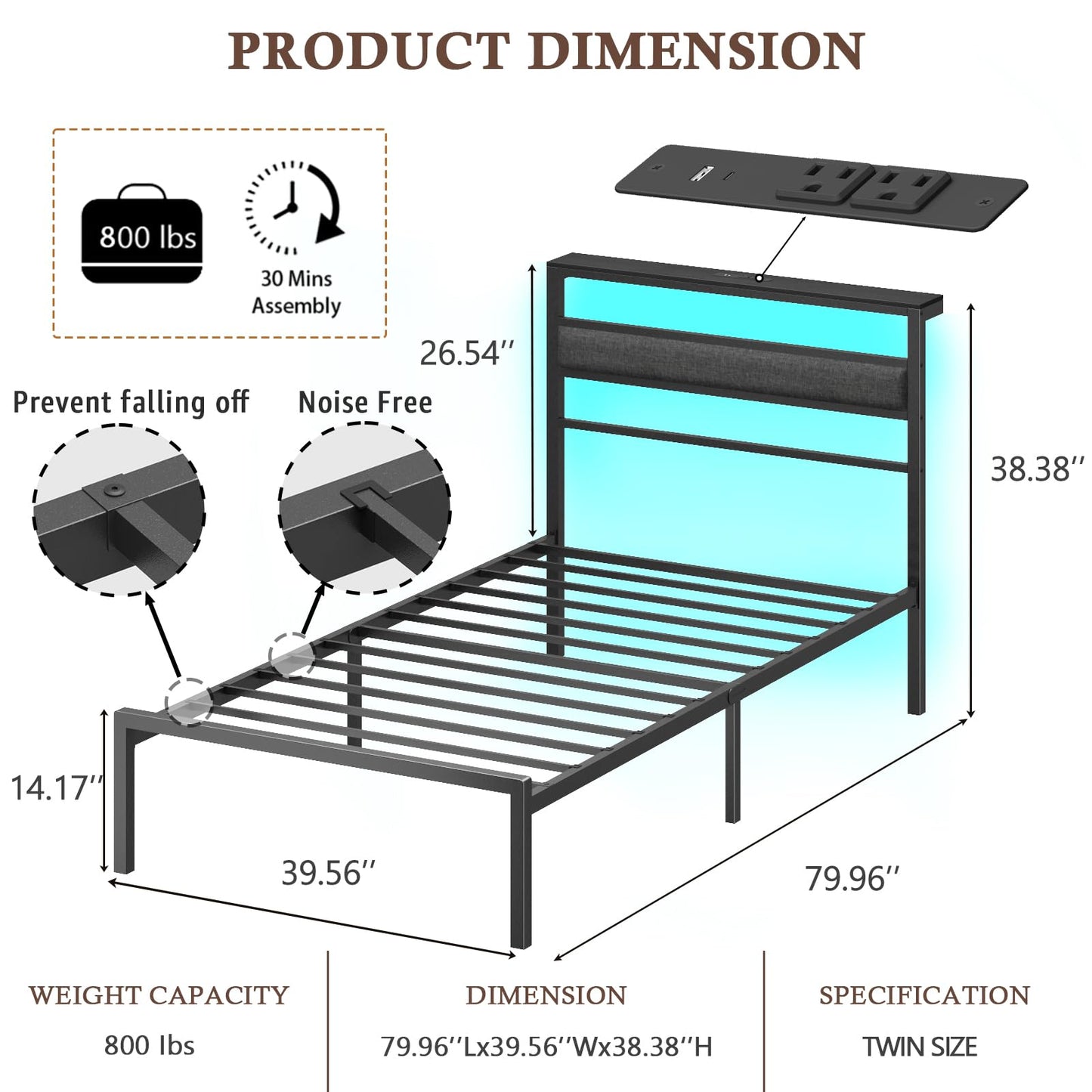 OURPIC Twin Bed Frames for Kids, Metal Platform Bed Frame Twin Size with Charging Station and LED Lights, Upholstered Headboard and Storage Shelf, No Box Spring Needed, Easy Assembly