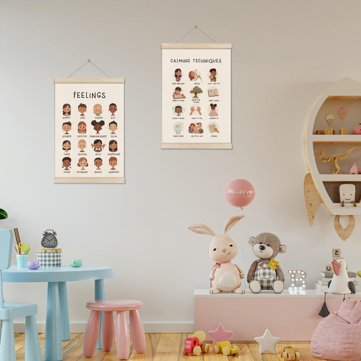 DOI-LANEE Feelings Chart 16x12 Inch, Mental Health Poster Hanger Frame, Montessori Emotions Poster Wall and Therapy Office Decor, Psychology Gifts, Set of 2 Preschool Classroom Decor