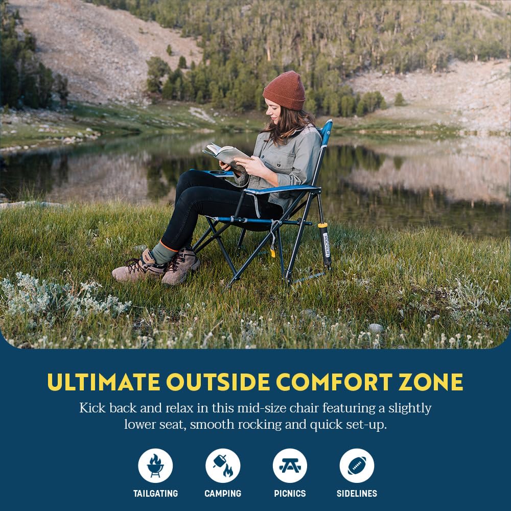 GCI Outdoor Kickback Rocker Camping Chair | Portable Folding Rocking Chair with Durable Armrests, Drink Holder & Relaxed Lowered Seat for Comfort — Heathered Royal