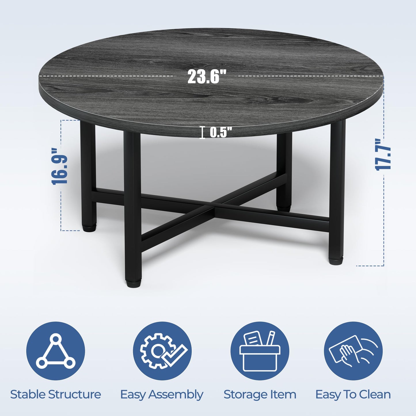 FURMORENE Coffee Table, 23.6" Small Coffee Tables, Gray Round Coffee Tables for Living Room, Floor Table for Sitting on The Floor, Center Coffee Table with Metal Frame for Office Apartment Home