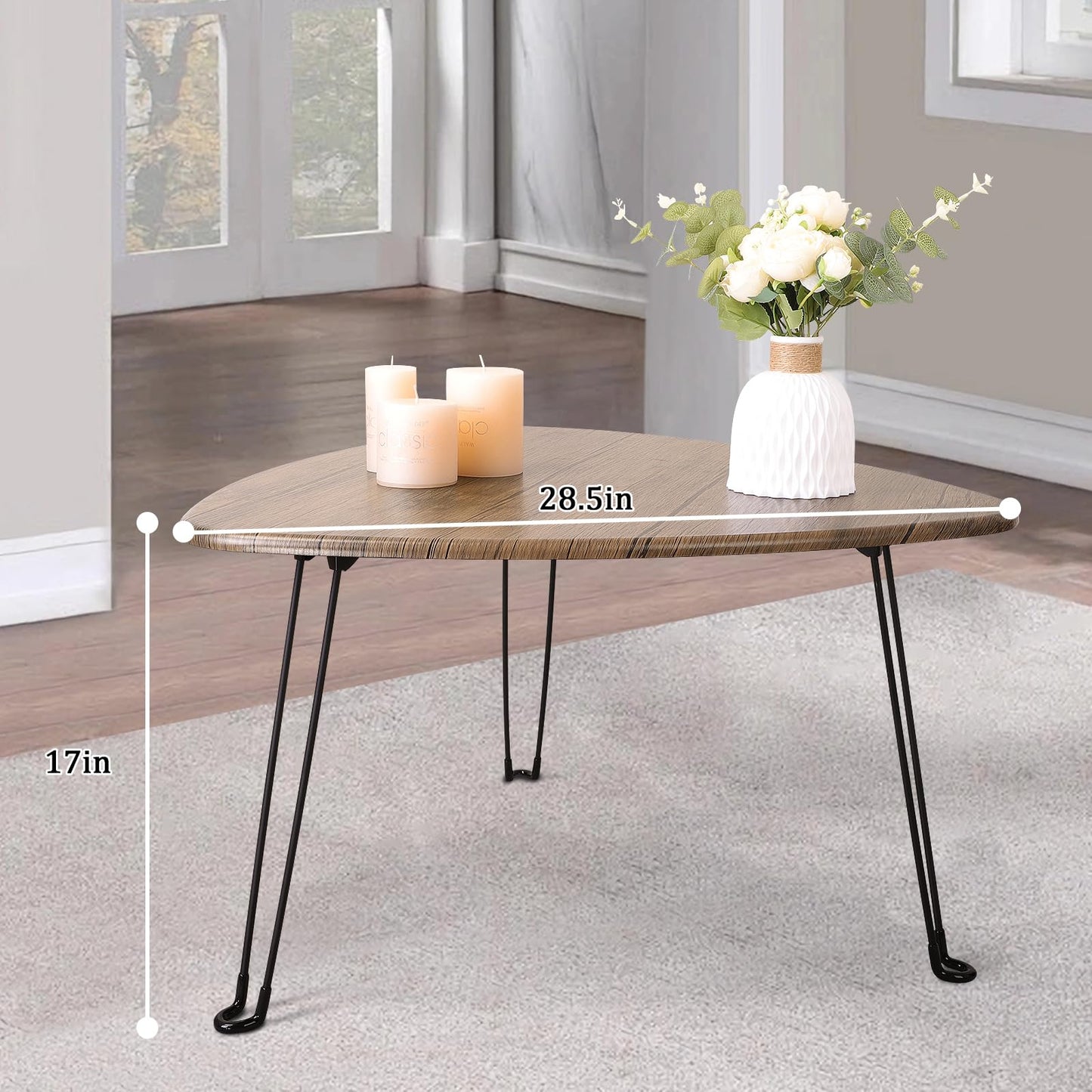 Folding Coffee Table for Living Room Small Wooden Folding Tables with Steel Legs Light Brown Triangle Coffee Table Mid Century Modern Floor Desk Low Table for Small Spaces Home Office