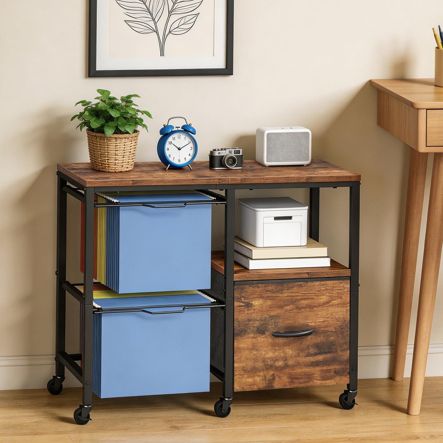 MAHANCRIS File Cart，Lateral File Organizer with Fabric Drawer & Hanging File Holders, Mobile File Organizer for Home Office, Printer Stand with Wheels & Adjustable Feet, Rustic Brown FCHR6001