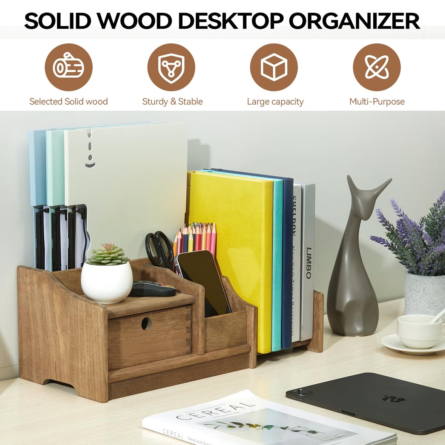KIRIGEN Desktop Bookshelf Organizer with Drawer, Expandable Wood Desk Shelf, Fully Assembled Book Rack for Office Supplies, Files and Notebooks, 12.24 to 22.7 in Adjustable Width, SSSJ-S-DBR