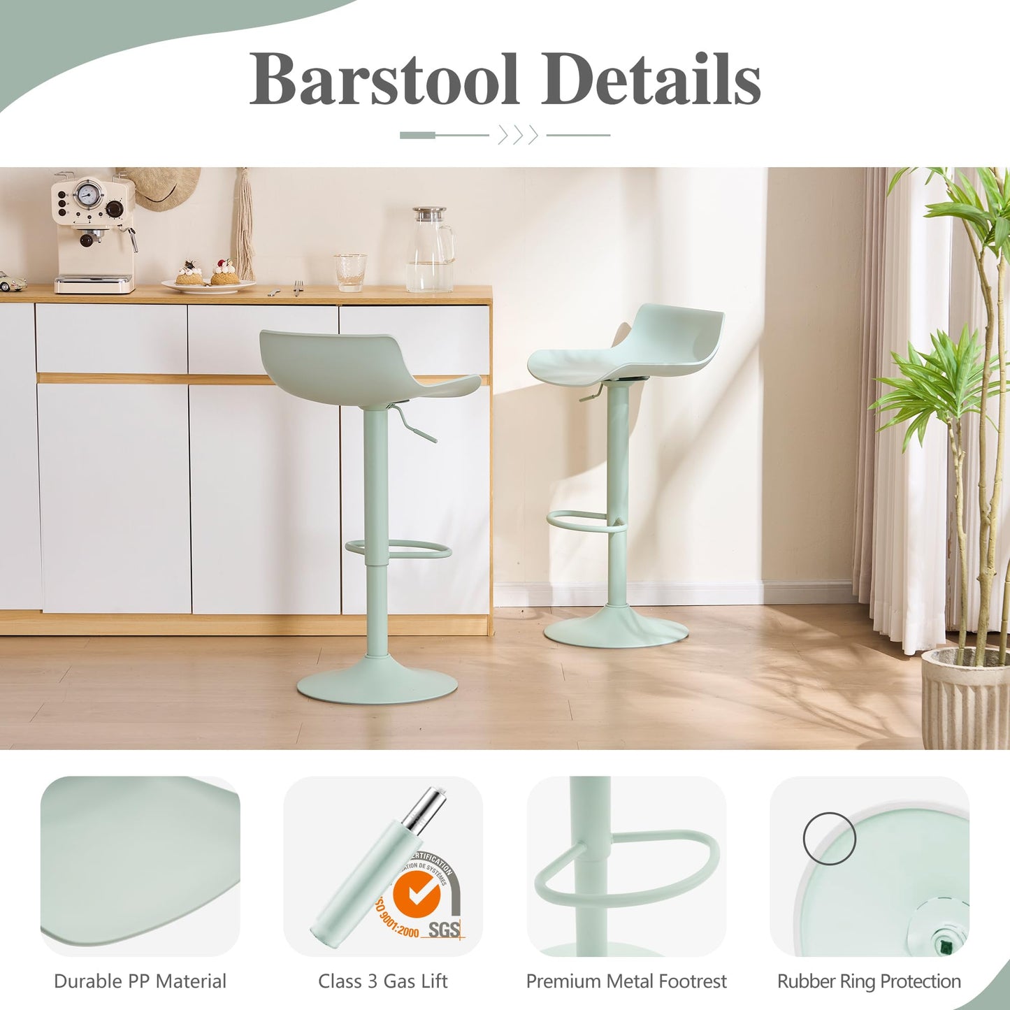 YOUNIKE Adjustable Height Bar Stools Set of 2 Plastic Swivel Barstool with Low Back Modern Kitchen Counter Island Bar Chairs for Breakfast Nook Cafe Bars Office Mint Green