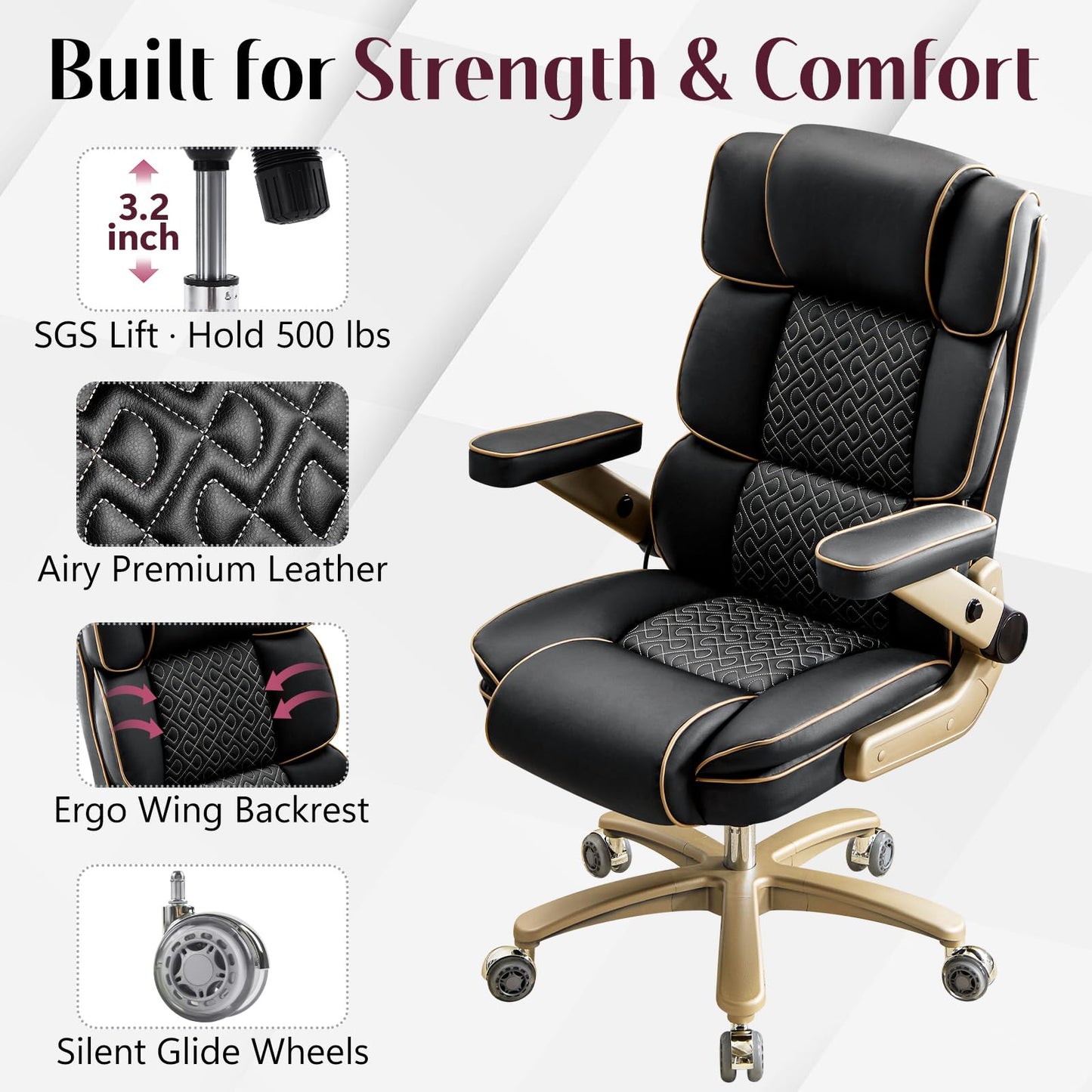 Big and Tall Office Chair 500lbs, Heavy Duty Leather Chair with 5D Armrests Comfortable Seat, High Back Executive Office Chair with Adjustable Lumbar, Large Computer Chair for Home Office, Black
