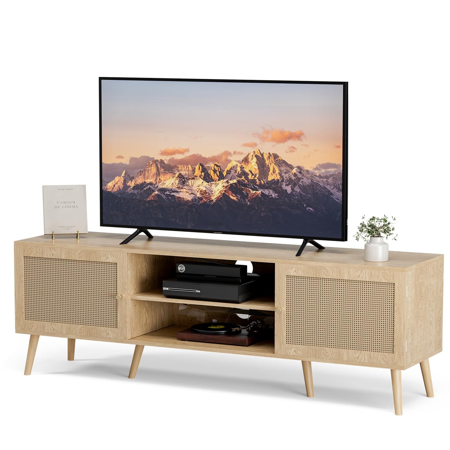 ZttRiee TV Stand for TVs up to 65'', Entertainment Center With Rattan Door, Shelves & 2 Cabinets, Long Boho Media Console for Living Room, Natural