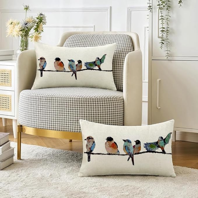RABUSOFA Outdoor Pillow Covers Waterproof 12x20, Outdoor Bird Lumbar Throw