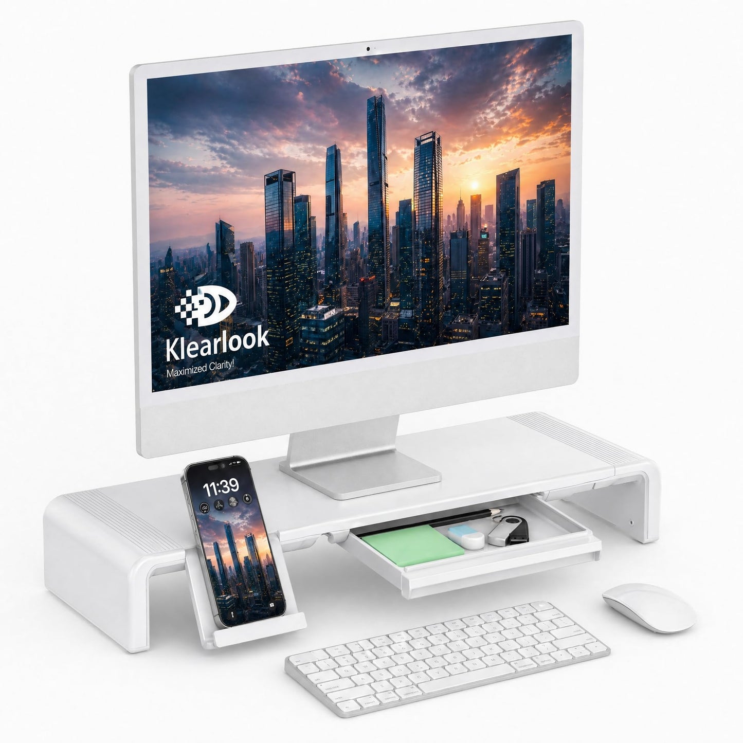 Monitor Stand Riser, Klearlook Foldable, Height Adjustable Computer Stand, Desk Shelf Riser with Storage Drawer &Tablet Phone Stand for Desktop, Laptop (White)